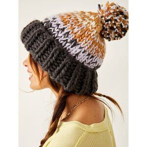 FREE PEOPLE Tide Stripe Knit Pom Beanie / Coal
